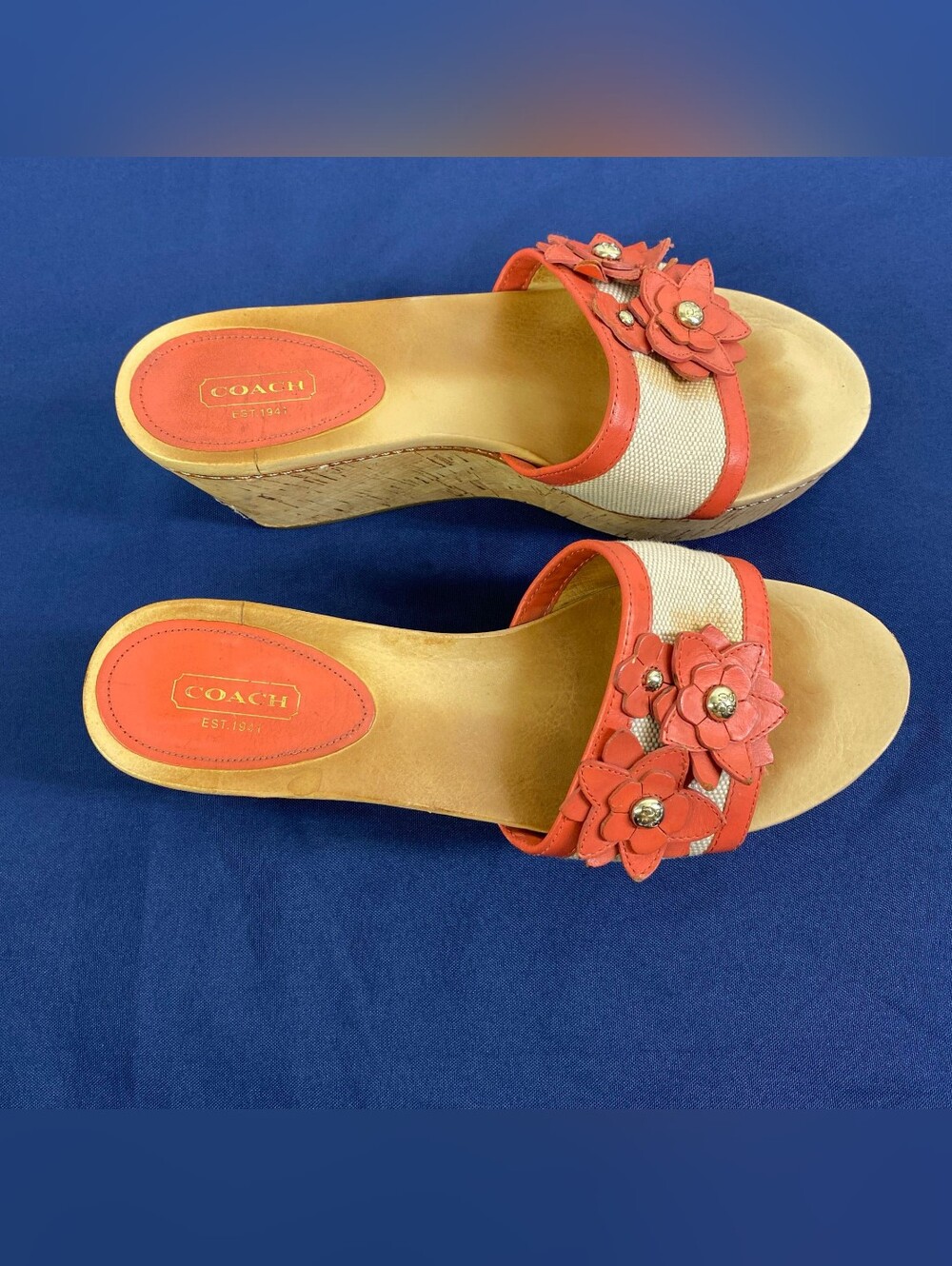 Coach Jesaca Floral Leather Cork Wedge Sandals Coral Pink Size 9B